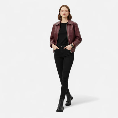 Vertemonde | Women’s Leather Jacket – Vintage Bordeaux Elegance